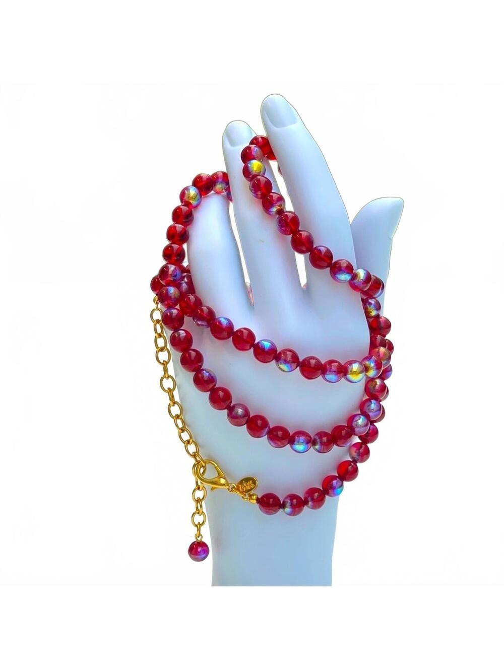 Joan Rivers Ruby Red AB Glass Bead Necklace Gold Tone 30" - Picture 2 of 7